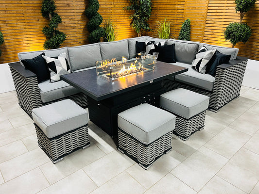 Chimes - Monaco Aluminium Right Hand Corner Dining Set with Rising Firepit Table - Rope Weave