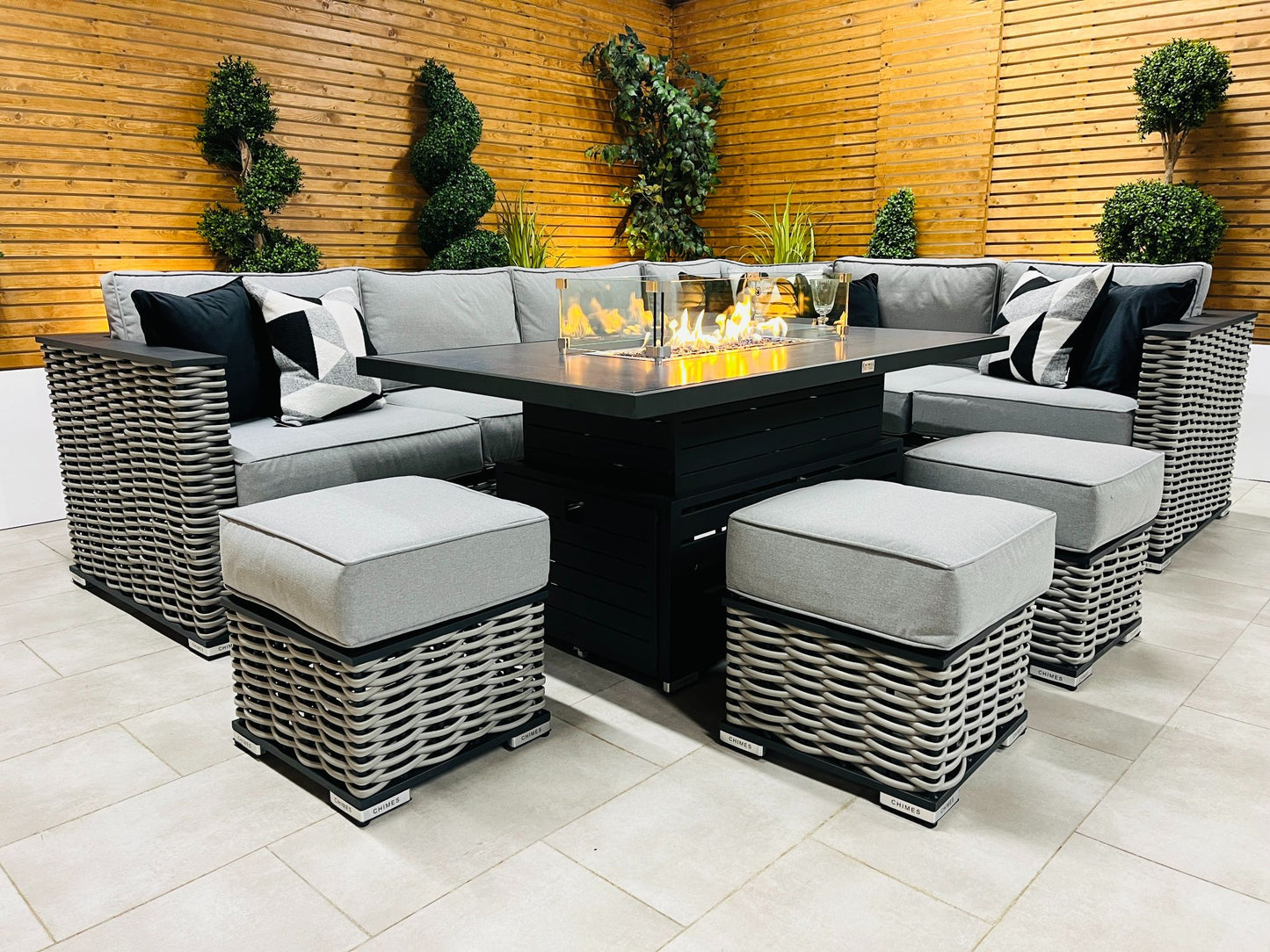 Chimes - Monaco Aluminium Right Hand Corner Dining Set with Rising Firepit Table - Rope Weave