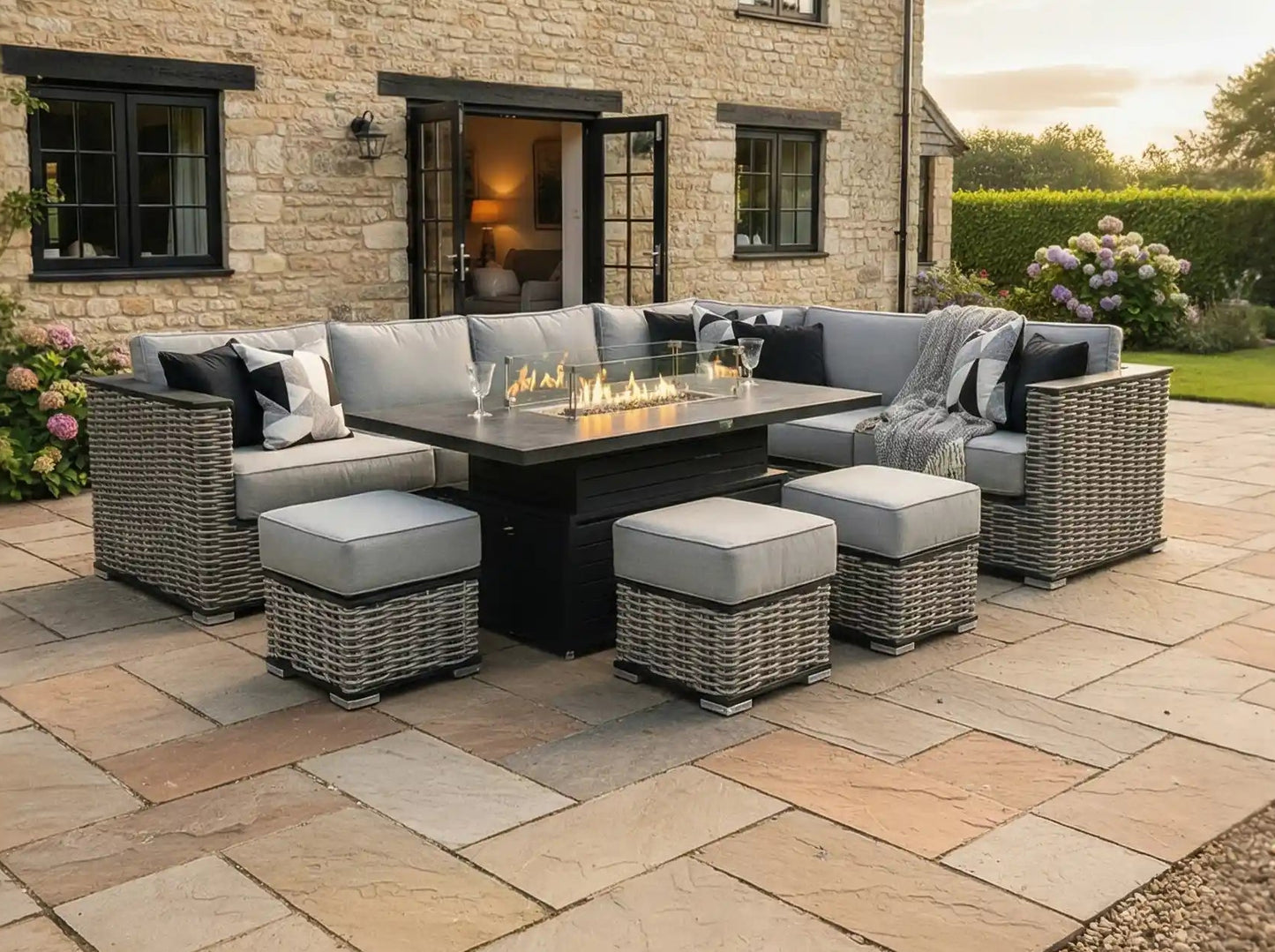 Chimes - Monaco Aluminium Right Hand Corner Dining Set with Rising Firepit Table - Rope Weave