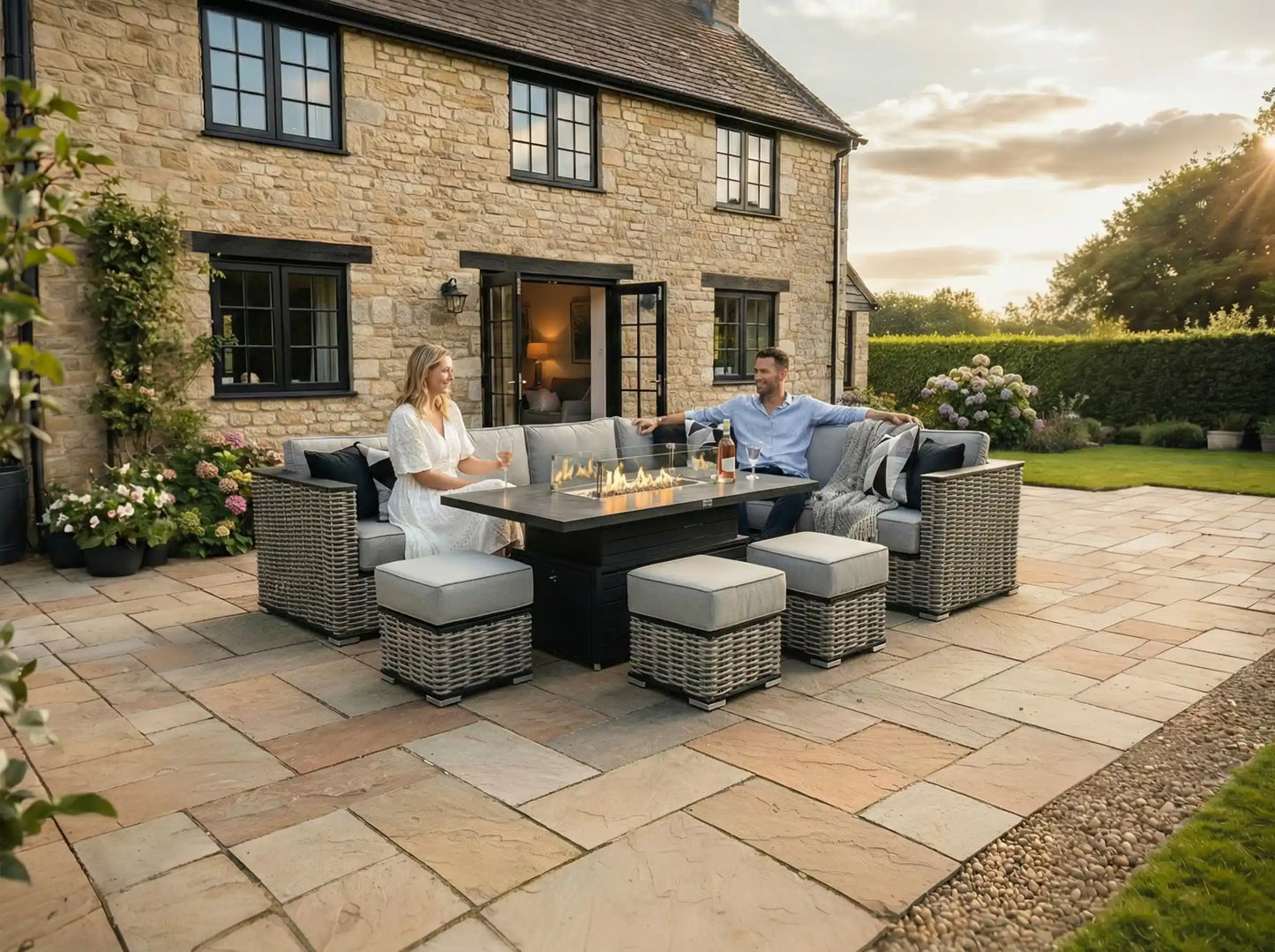 Chimes - Monaco Aluminium Right Hand Corner Dining Set with Rising Firepit Table - Rope Weave