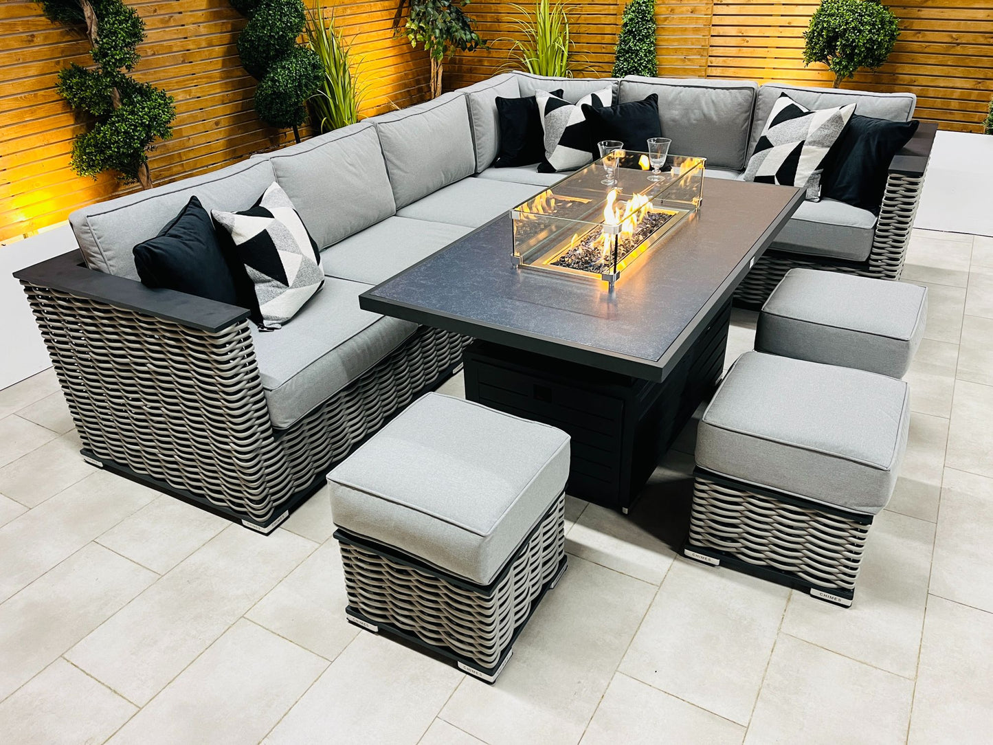 Chimes - Monaco Aluminium Right Hand Corner Dining Set with Rising Firepit Table - Rope Weave