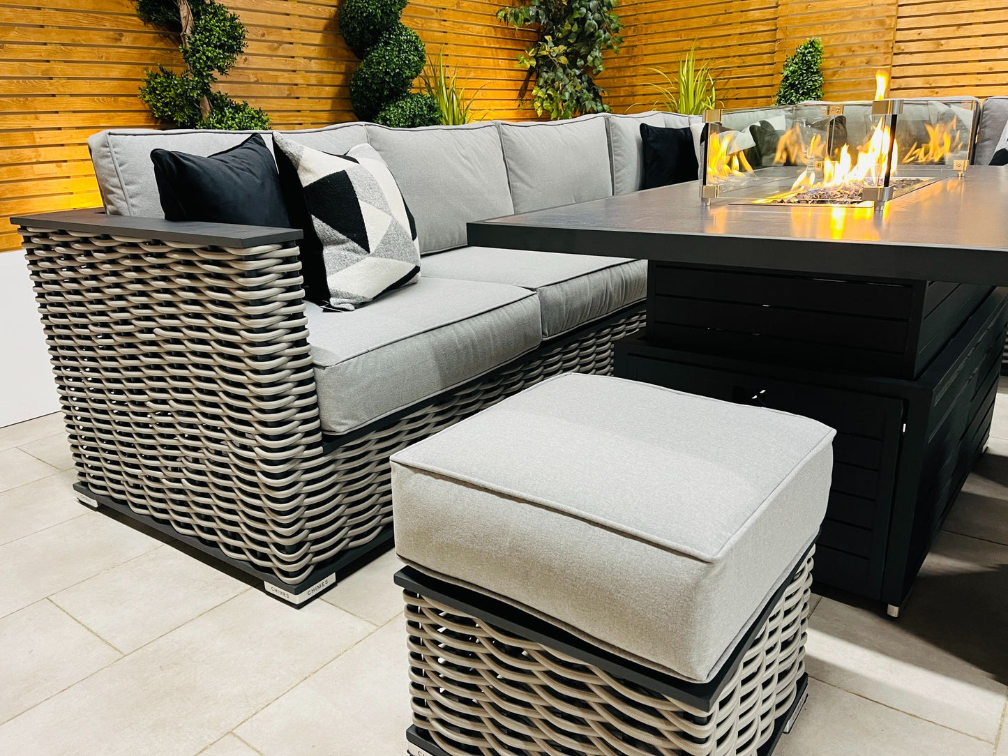 Chimes - Monaco Aluminium Right Hand Corner Dining Set with Rising Firepit Table - Rope Weave