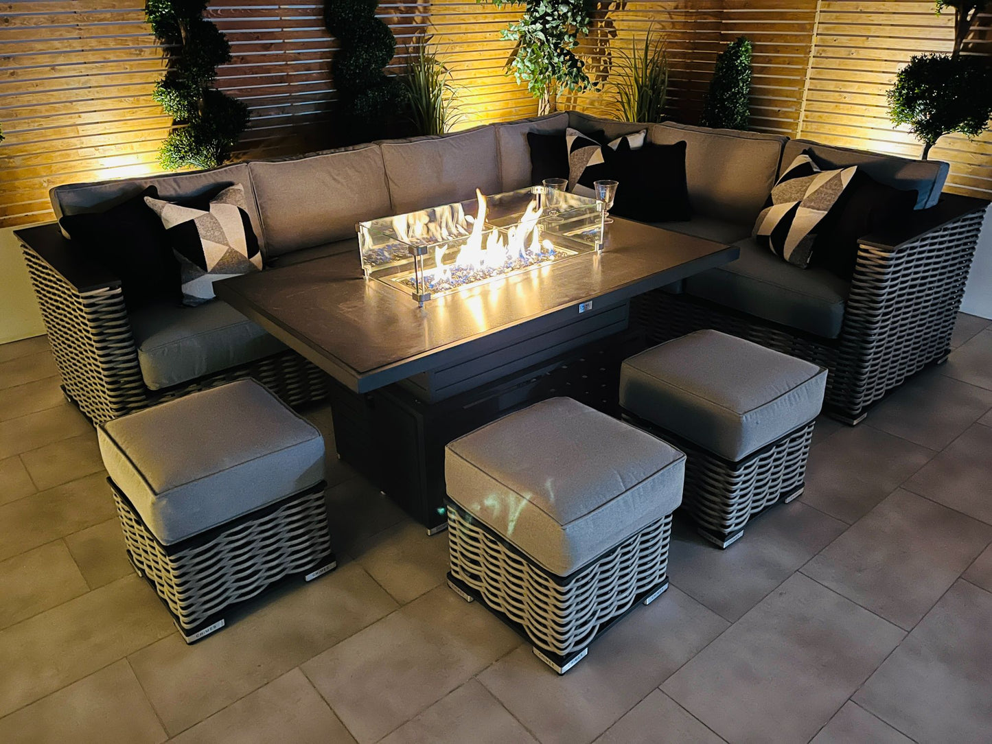 Chimes - Monaco Aluminium Right Hand Corner Dining Set with Rising Firepit Table - Rope Weave
