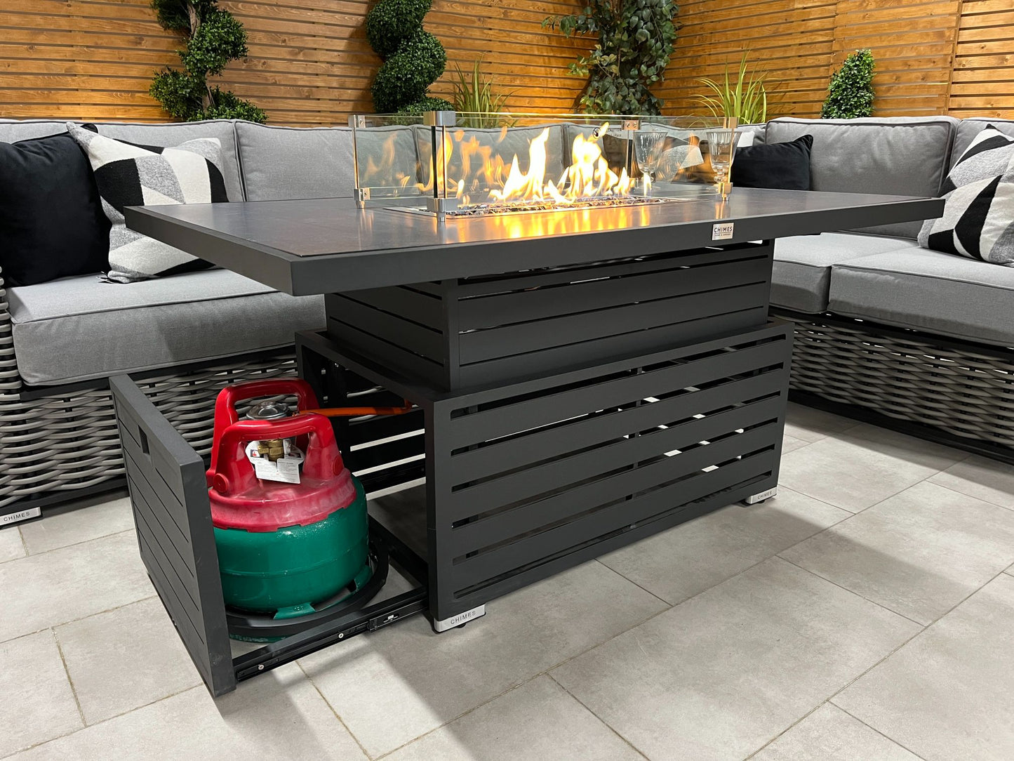 Chimes - Monaco Aluminium Right Hand Corner Dining Set with Rising Firepit Table - Rope Weave