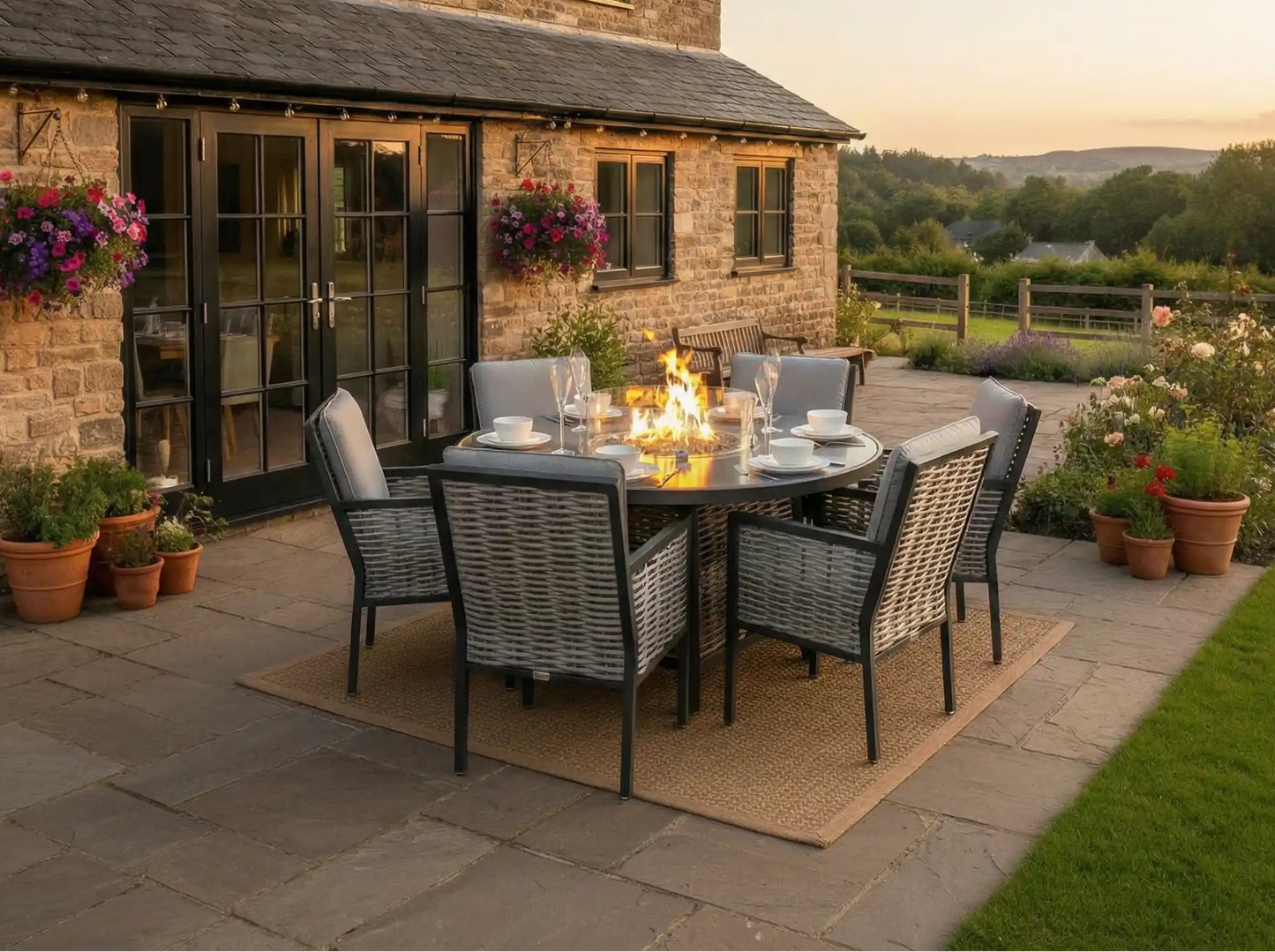 Chimes - Monaco Aluminium 6 Seat Round Dining Set - 1.5 Meter Round Table With Firepit - Rope Weave - LOW STOCK