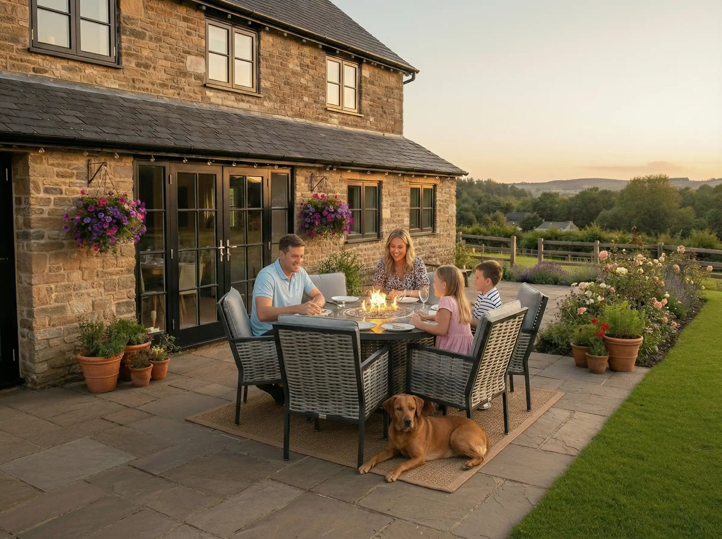 Chimes - Monaco Aluminium 6 Seat Round Dining Set - 1.5 Meter Round Table With Firepit - Rope Weave - LOW STOCK