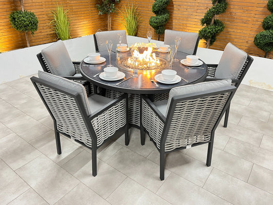 Chimes - Monaco Aluminium 6 Seat Round Dining Set - 1.5 Meter Round Table With Firepit - Rope Weave - LOW STOCK