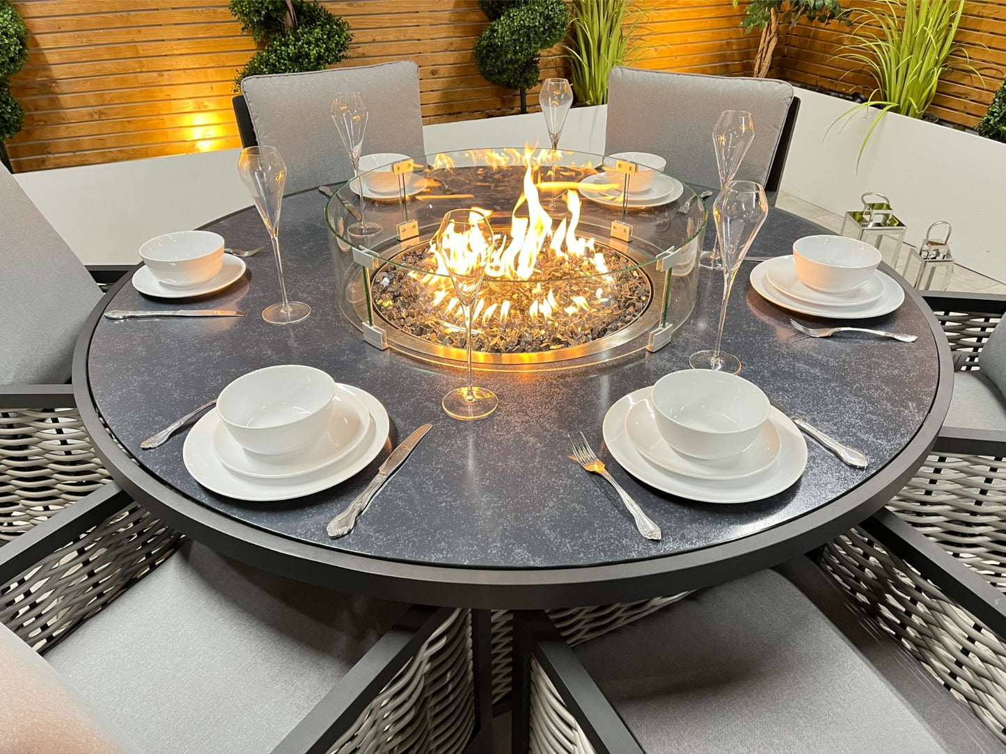 Chimes - Monaco Aluminium 6 Seat Round Dining Set - 1.5 Meter Round Table With Firepit - Rope Weave - LOW STOCK
