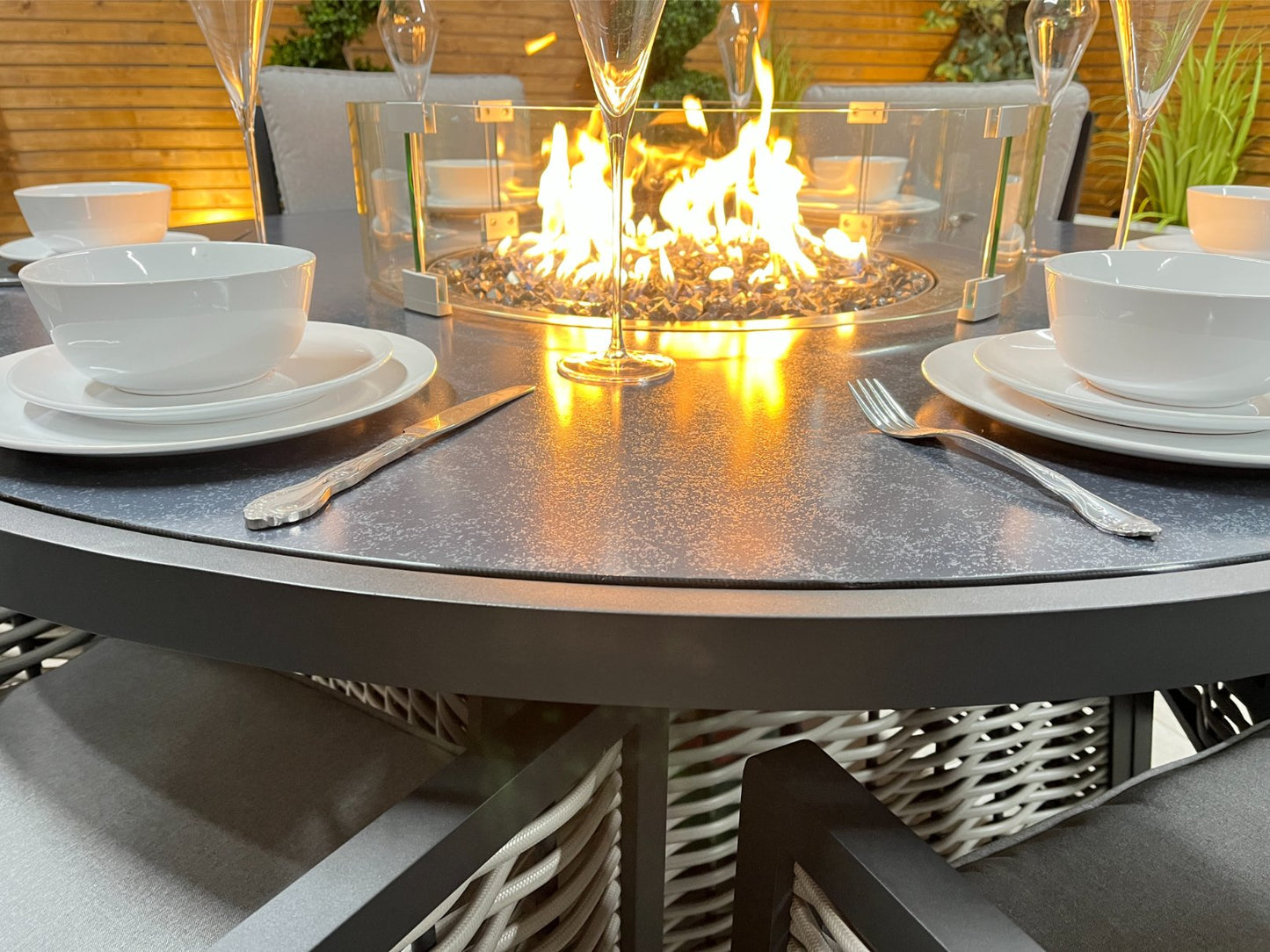 Chimes - Monaco Aluminium 6 Seat Round Dining Set - 1.5 Meter Round Table With Firepit - Rope Weave - LOW STOCK