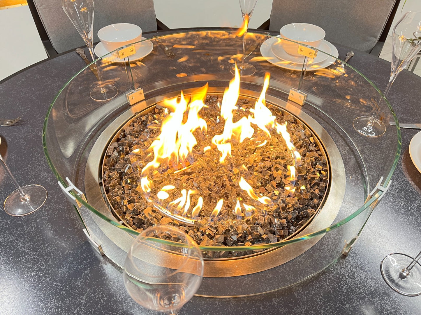 Chimes - Monaco Aluminium 6 Seat Round Dining Set - 1.5 Meter Round Table With Firepit - Rope Weave - LOW STOCK