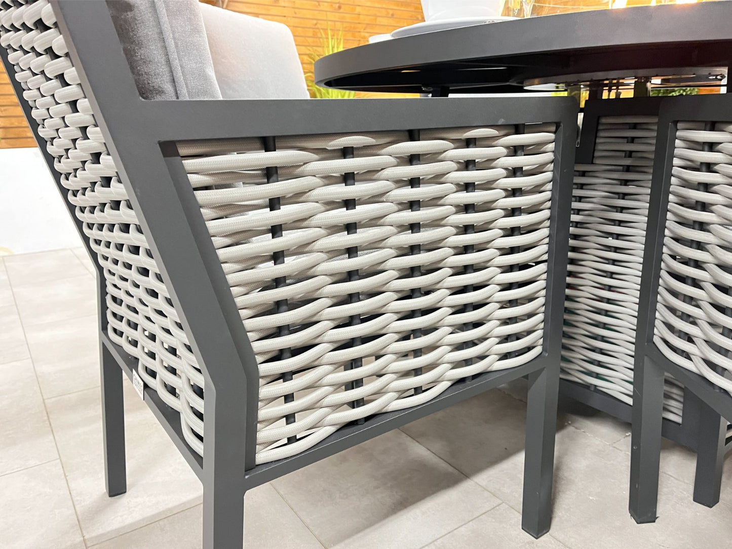 Chimes - Monaco Aluminium 6 Seat Round Dining Set - 1.5 Meter Round Table With Firepit - Rope Weave - LOW STOCK