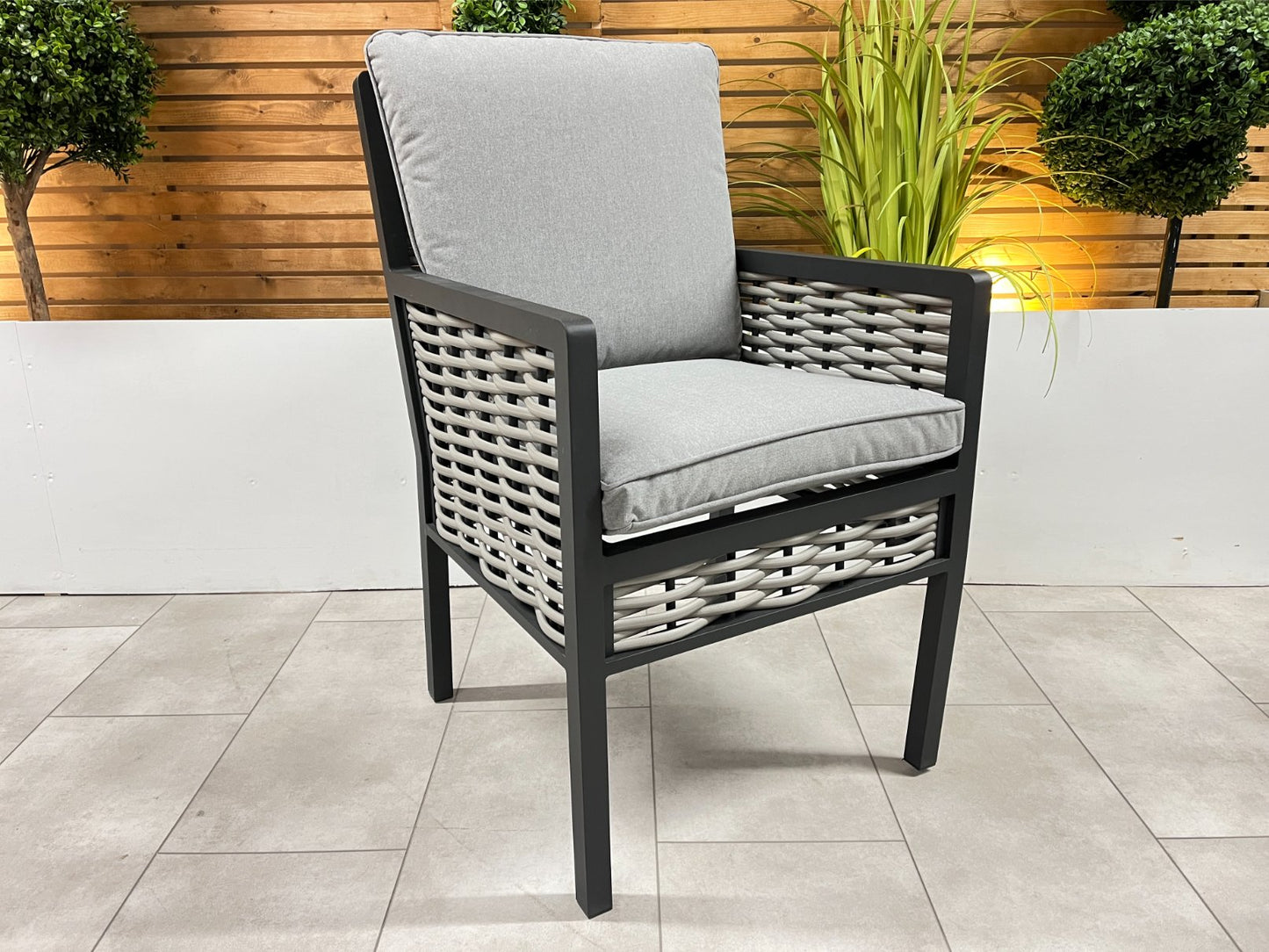 Chimes - Monaco Aluminium 6 Seat Round Dining Set - 1.5 Meter Round Table With Firepit - Rope Weave - LOW STOCK