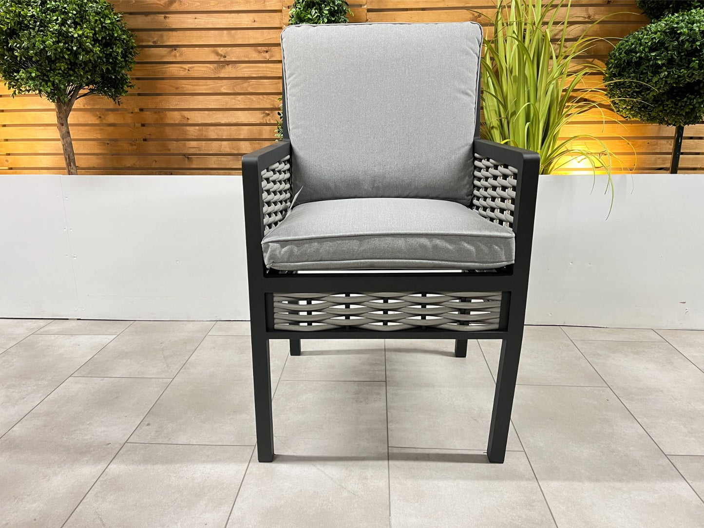 Chimes - Monaco Aluminium 6 Seat Round Dining Set - 1.5 Meter Round Table With Firepit - Rope Weave - LOW STOCK