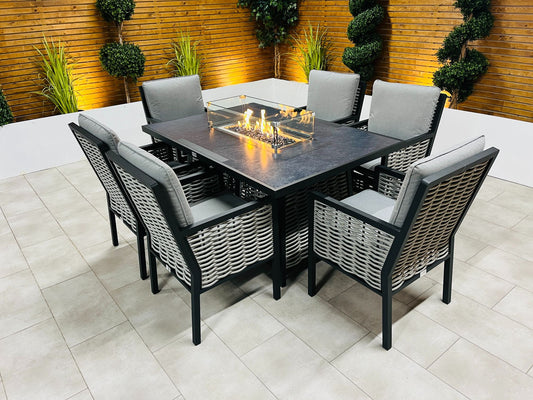 Chimes - Monaco Aluminium 6 Seat Rectangular Dining Set - 1 Meter x 1.5 Meter Table With Firepit - Rope Weave