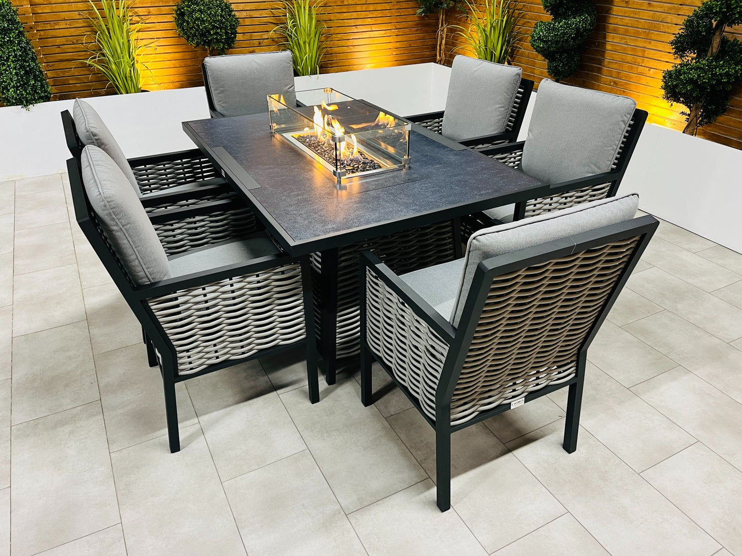Chimes - Monaco Aluminium 6 Seat Rectangular Dining Set - 1 Meter x 1.5 Meter Table With Firepit - Rope Weave
