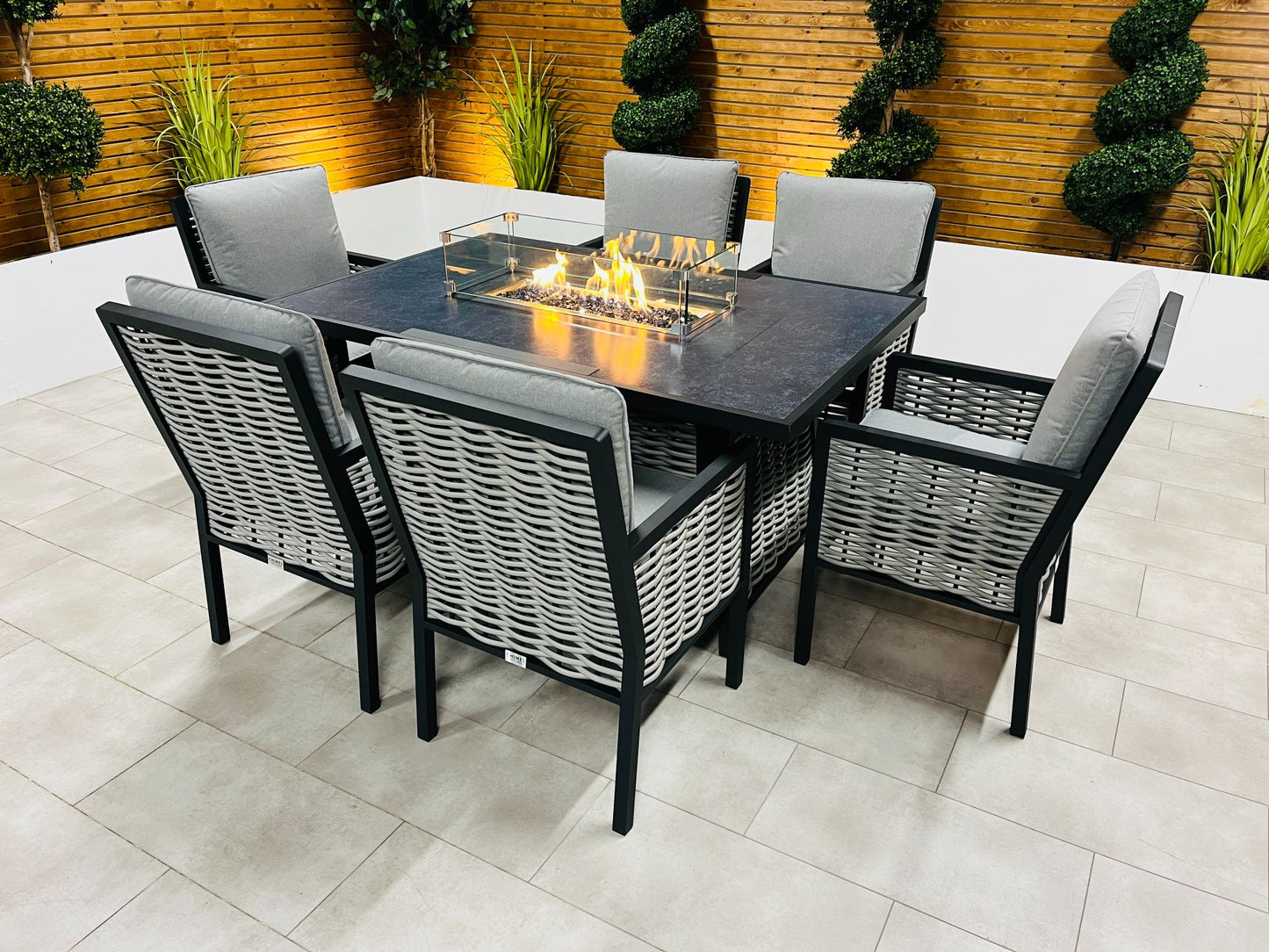 Chimes - Monaco Aluminium 6 Seat Rectangular Dining Set - 1 Meter x 1.5 Meter Table With Firepit - Rope Weave