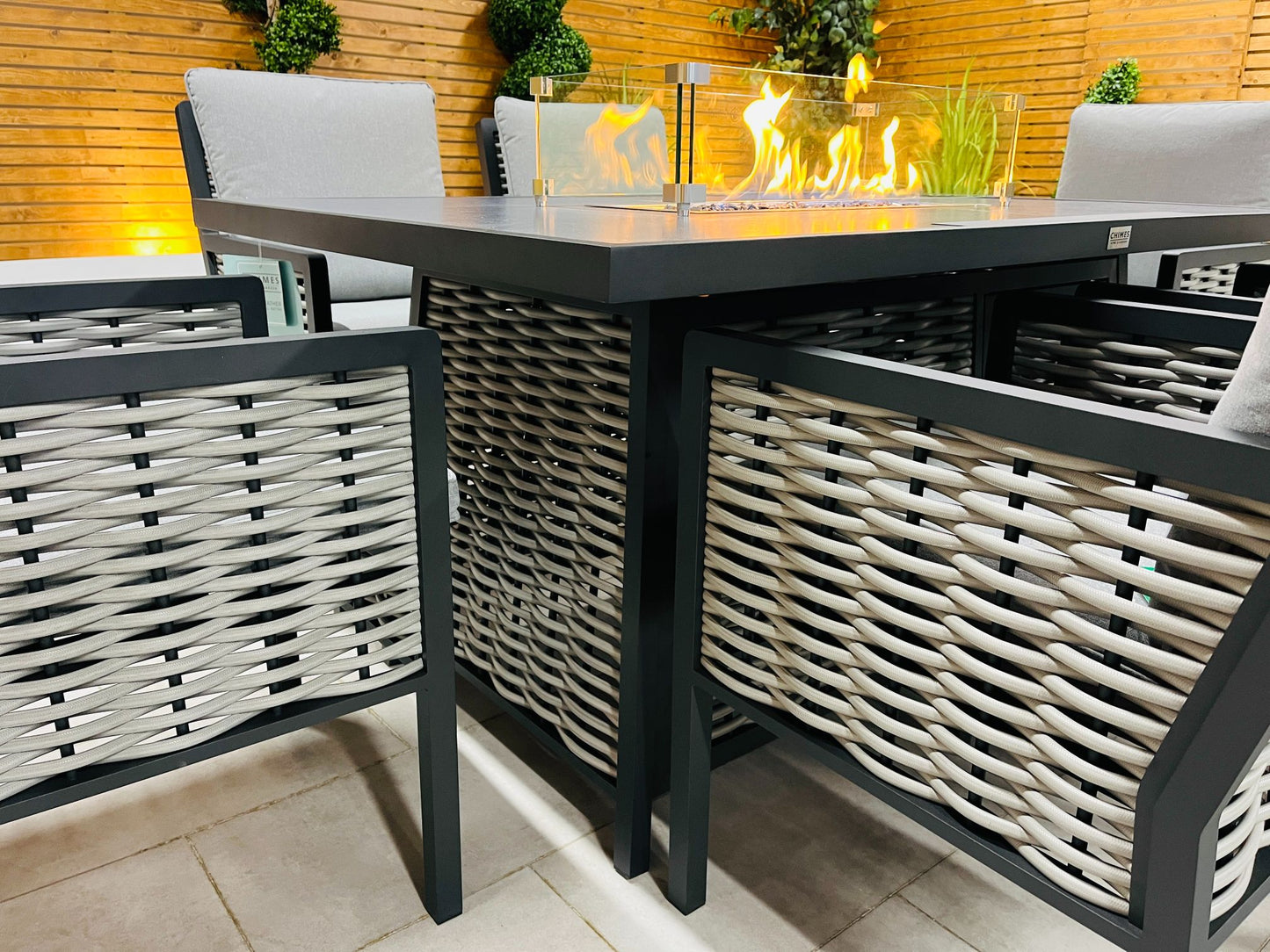 Chimes - Monaco Aluminium 6 Seat Rectangular Dining Set - 1 Meter x 1.5 Meter Table With Firepit - Rope Weave