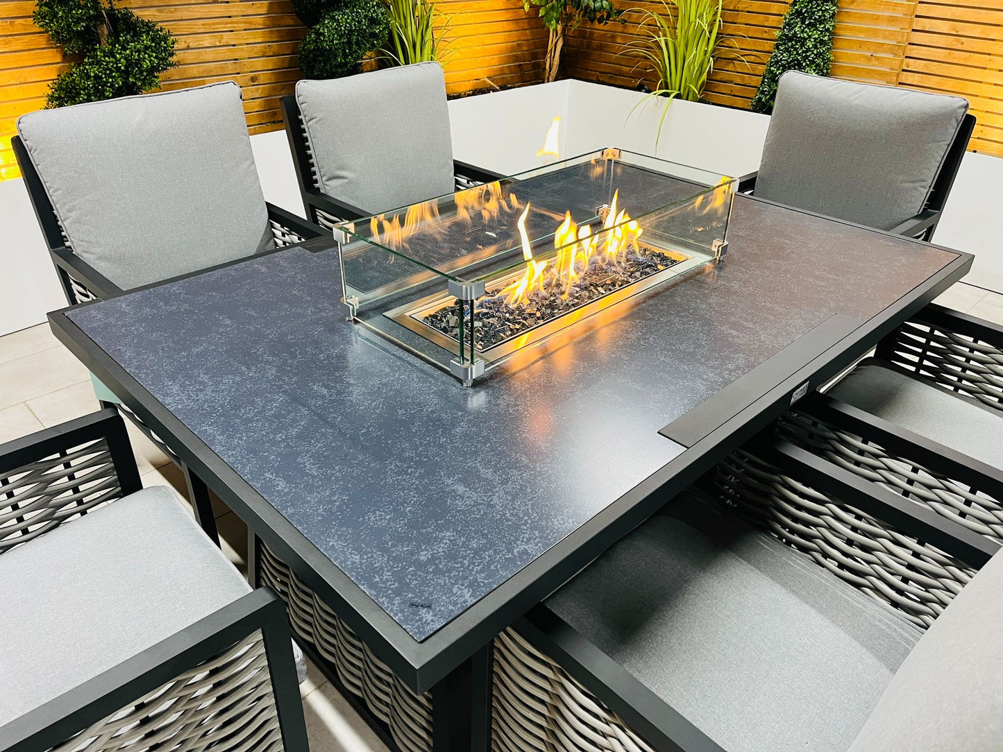 Chimes - Monaco Aluminium 6 Seat Rectangular Dining Set - 1 Meter x 1.5 Meter Table With Firepit - Rope Weave
