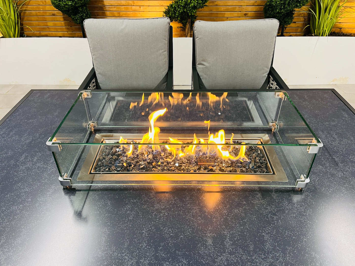 Chimes - Monaco Aluminium 6 Seat Rectangular Dining Set - 1 Meter x 1.5 Meter Table With Firepit - Rope Weave
