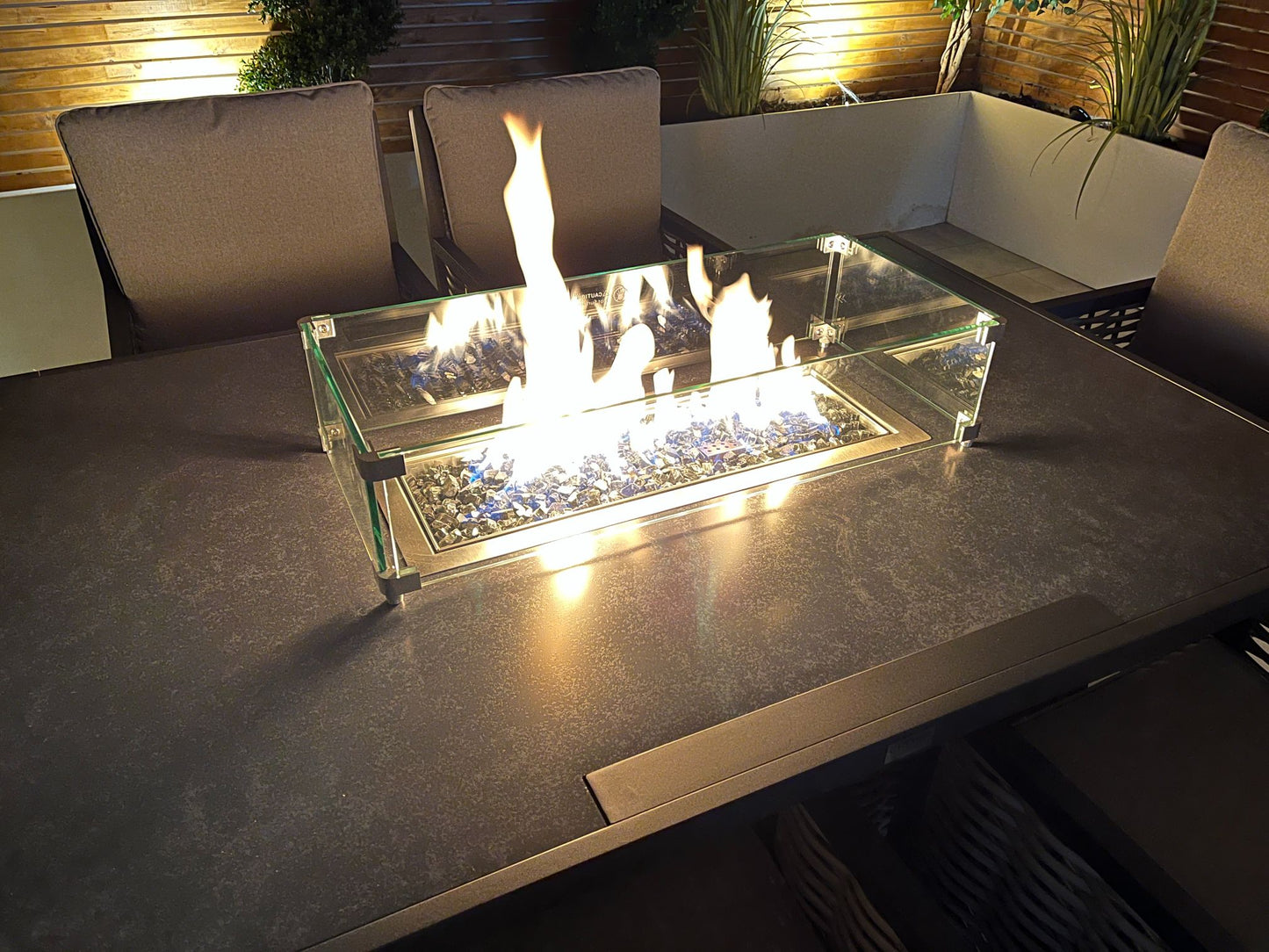 Chimes - Monaco Aluminium 6 Seat Rectangular Dining Set - 1 Meter x 1.5 Meter Table With Firepit - Rope Weave