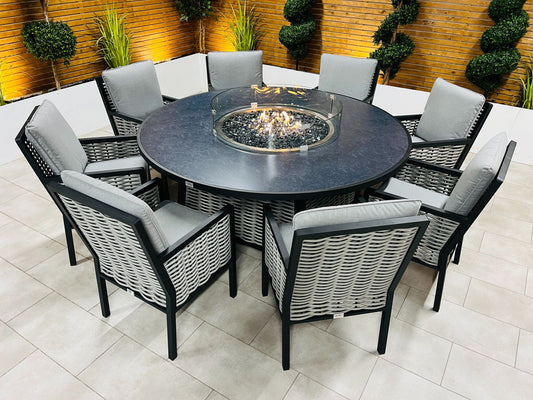 Chimes - Monaco Aluminium 8 Seat Round Dining Set - 1.8 Meter Round Table With Firepit - Rope Weave