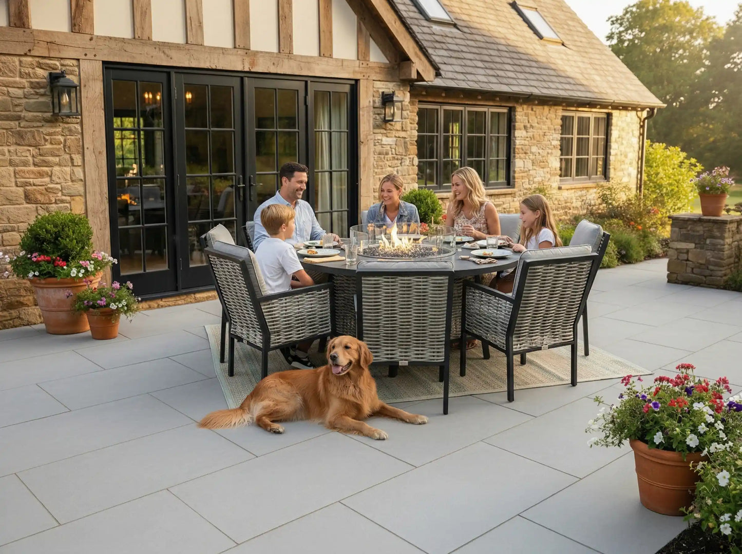 Chimes - Monaco Aluminium 8 Seat Round Dining Set - 1.8 Meter Round Table With Firepit - Rope Weave