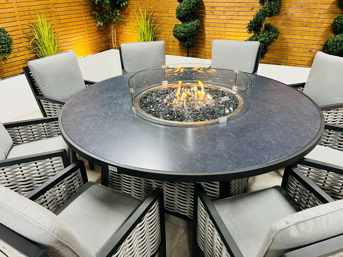 Chimes - Monaco Aluminium 8 Seat Round Dining Set - 1.8 Meter Round Table With Firepit - Rope Weave