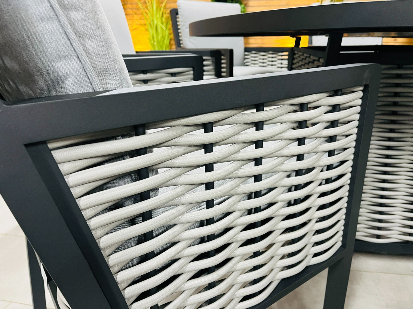 Chimes - Monaco Aluminium 8 Seat Round Dining Set - 1.8 Meter Round Table With Firepit - Rope Weave