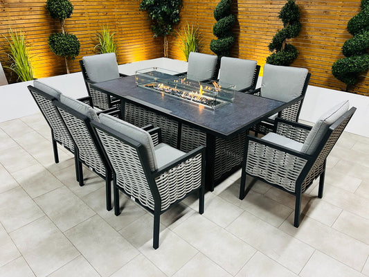 Chimes - Monaco Aluminium 8 Seat Rectangular Dining Set - 1 Meter x 2 Meter Table With Firepit - Rope Weave