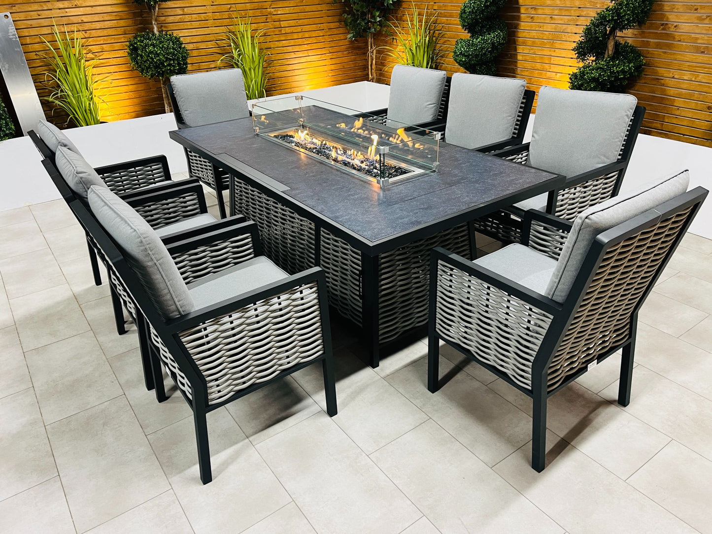 Chimes - Monaco Aluminium 8 Seat Rectangular Dining Set - 1 Meter x 2 Meter Table With Firepit - Rope Weave