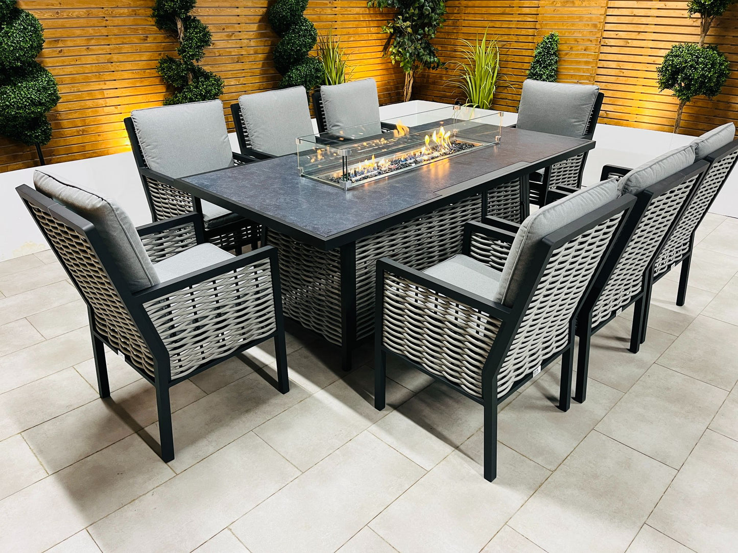 Chimes - Monaco Aluminium 8 Seat Rectangular Dining Set - 1 Meter x 2 Meter Table With Firepit - Rope Weave