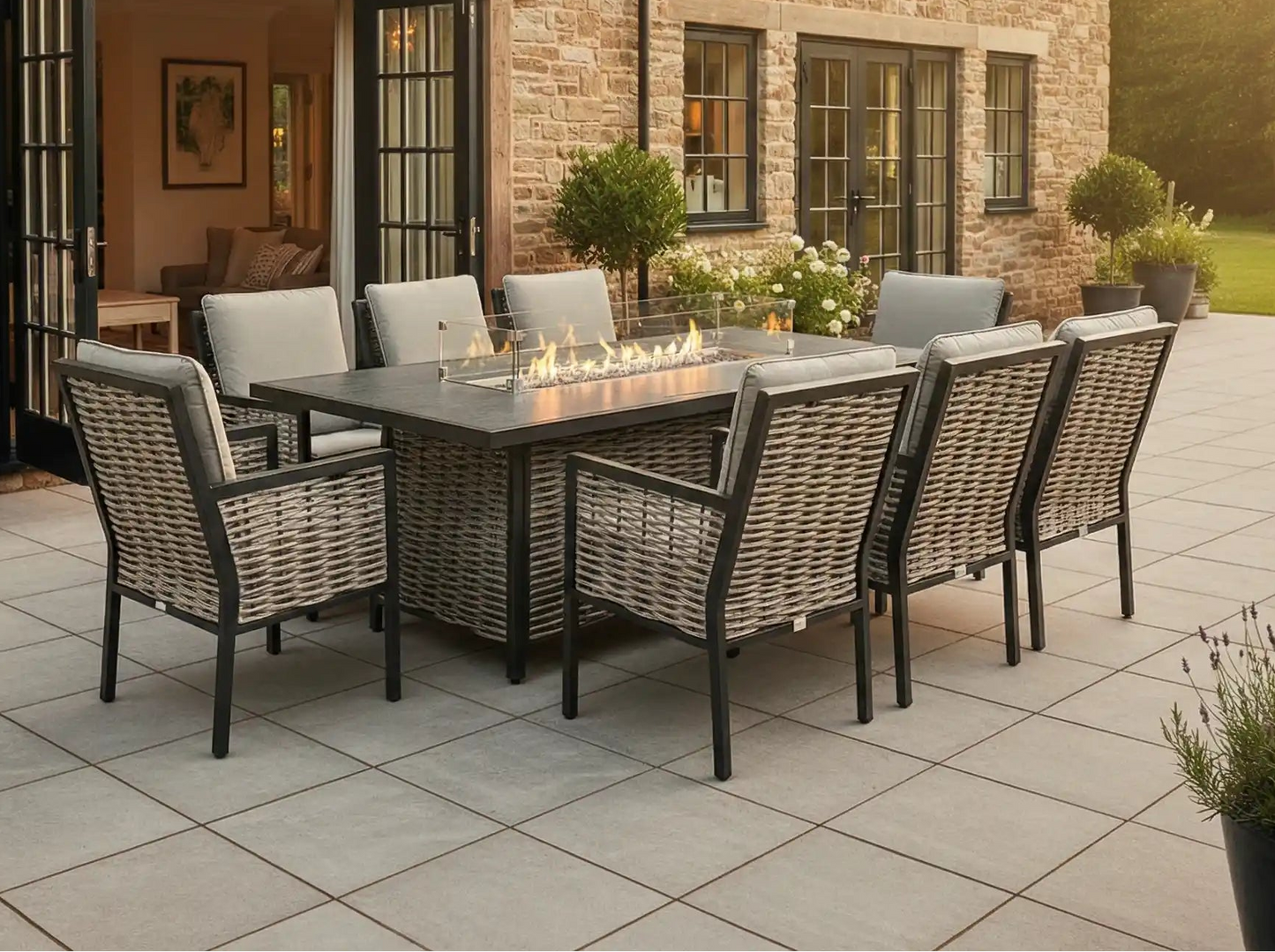 Chimes - Monaco Aluminium 8 Seat Rectangular Dining Set - 1 Meter x 2 Meter Table With Firepit - Rope Weave