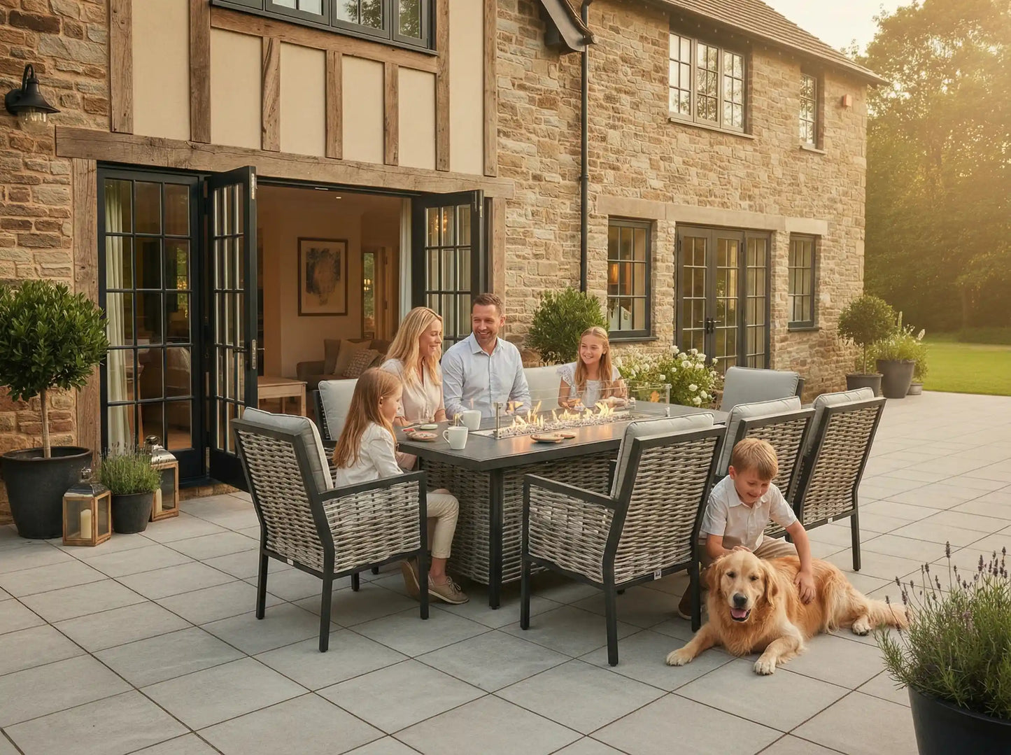 Chimes - Monaco Aluminium 8 Seat Rectangular Dining Set - 1 Meter x 2 Meter Table With Firepit - Rope Weave