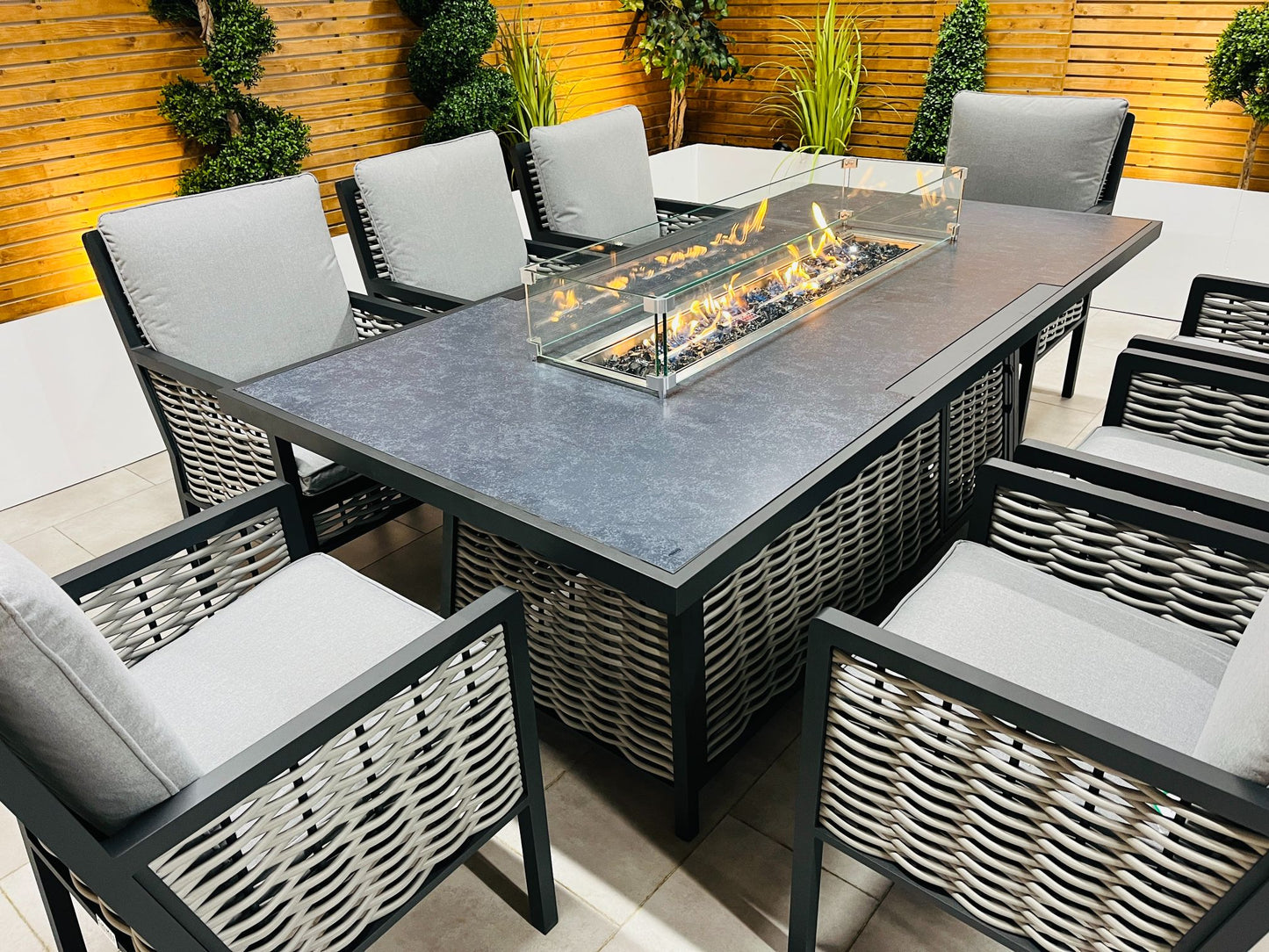 Chimes - Monaco Aluminium 8 Seat Rectangular Dining Set - 1 Meter x 2 Meter Table With Firepit - Rope Weave
