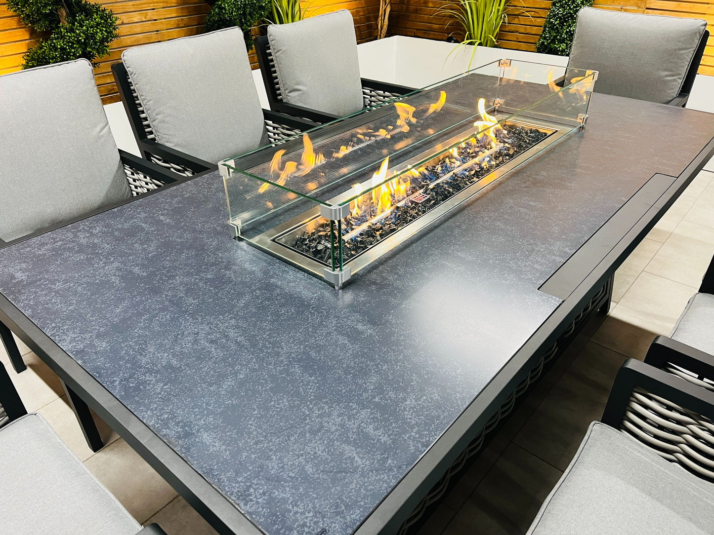 Chimes - Monaco Aluminium 8 Seat Rectangular Dining Set - 1 Meter x 2 Meter Table With Firepit - Rope Weave