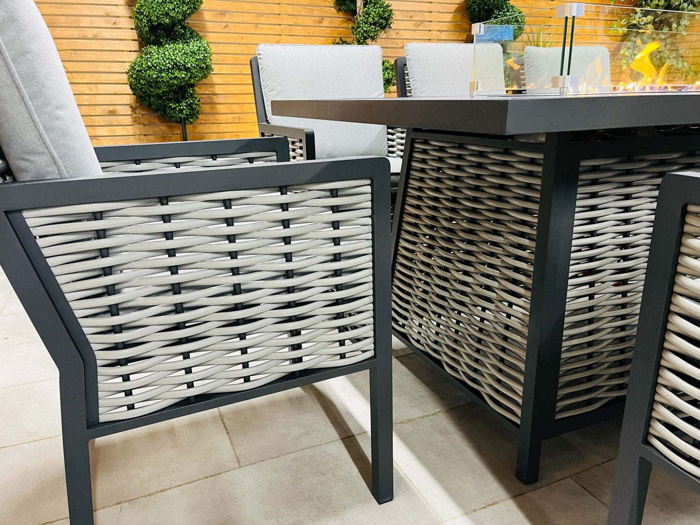 Chimes - Monaco Aluminium 8 Seat Rectangular Dining Set - 1 Meter x 2 Meter Table With Firepit - Rope Weave
