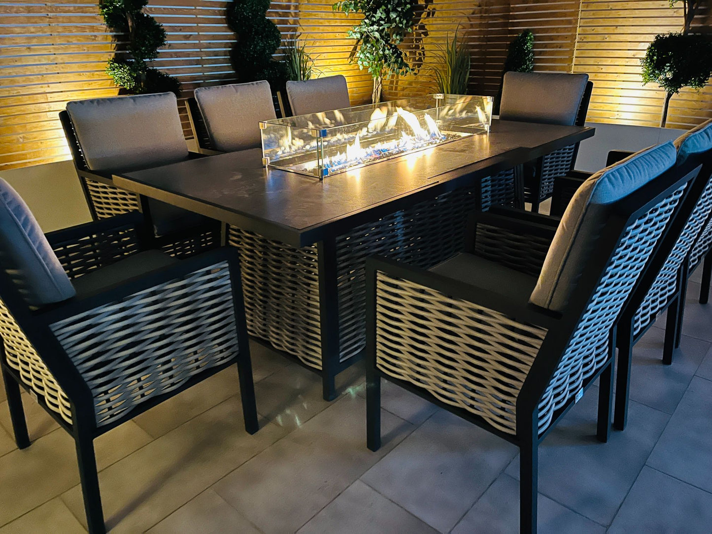 Chimes - Monaco Aluminium 8 Seat Rectangular Dining Set - 1 Meter x 2 Meter Table With Firepit - Rope Weave