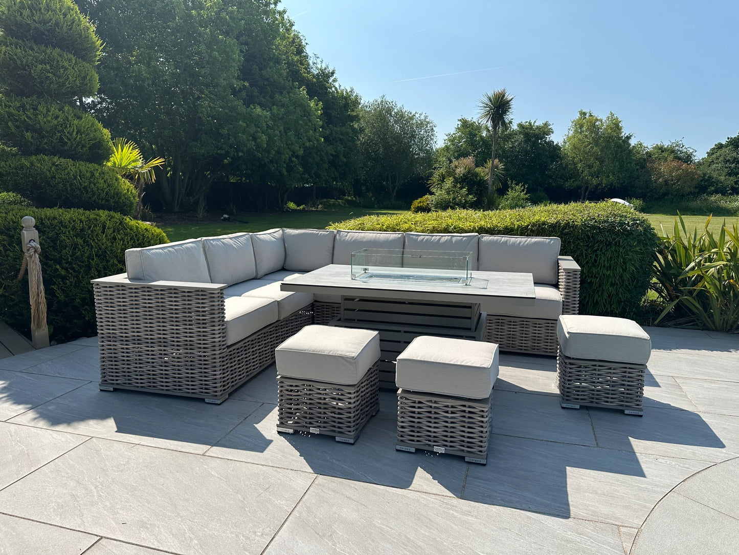 Chimes - Monaco Aluminium & Rope Left Hand Corner Dining Set with Rising Firepit Table - Cream