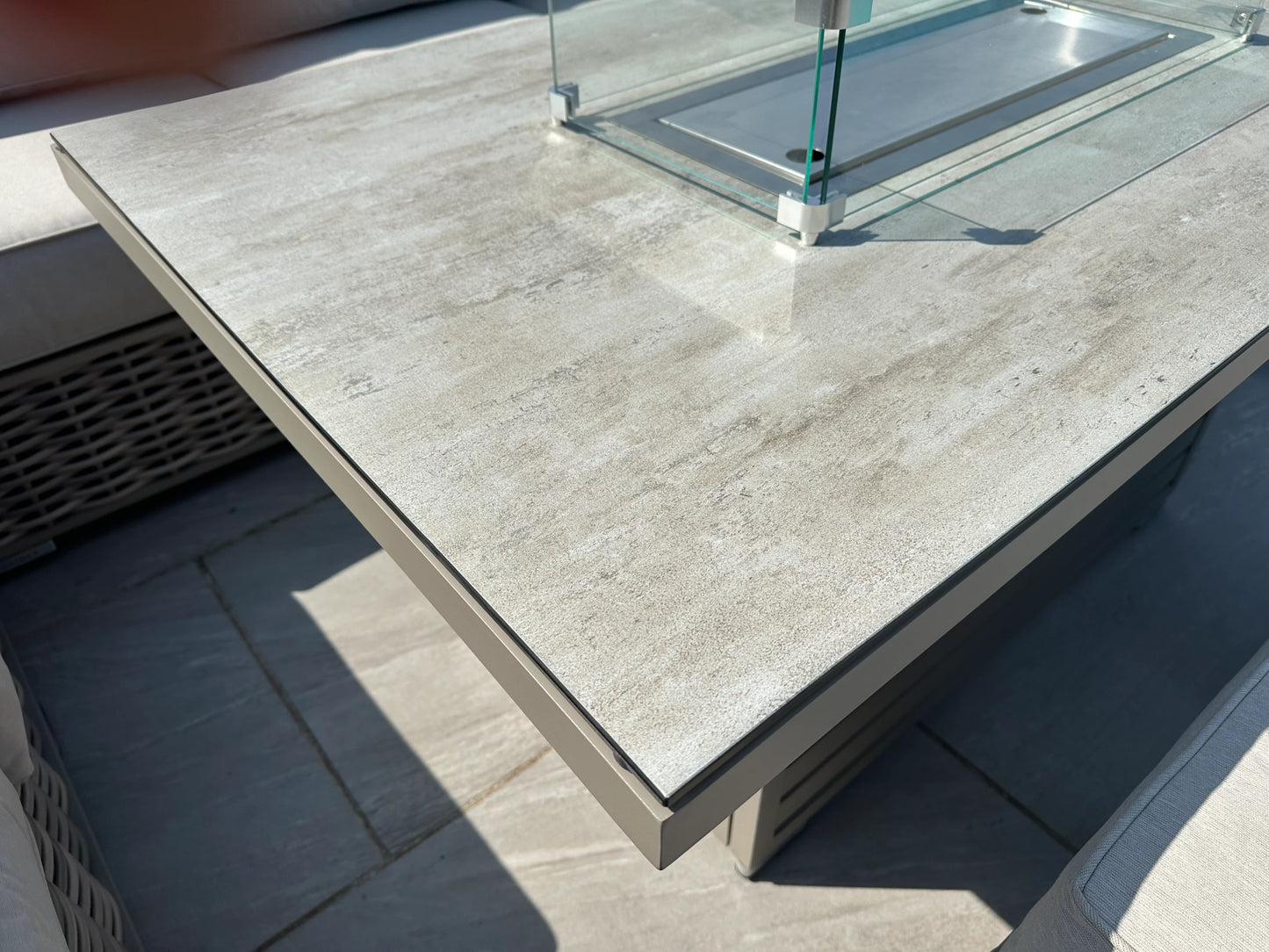 Chimes - Monaco Aluminium & Rope Left Hand Corner Dining Set with Rising Firepit Table - Cream