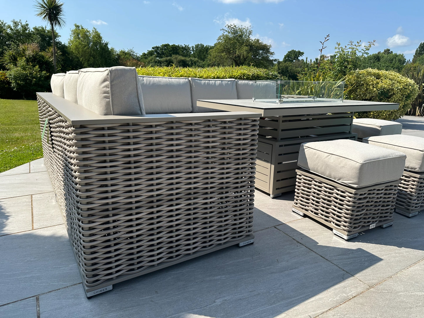 Chimes - Monaco Aluminium & Rope Left Hand Corner Dining Set with Rising Firepit Table - Cream