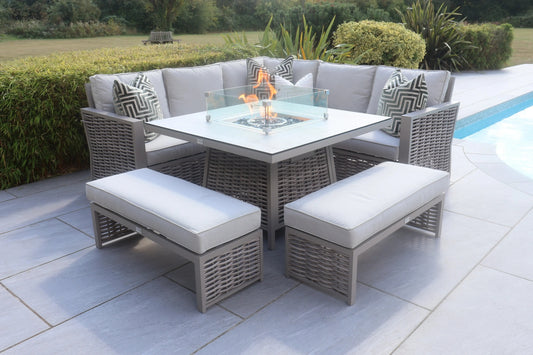 Chimes - Monaco Aluminium Compact Corner Dining Set with Firepit Table - Rope Weave - Cream
