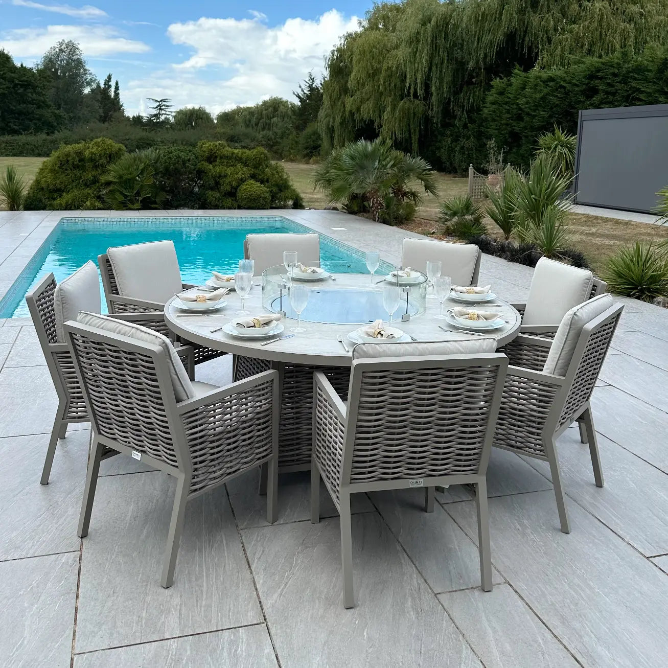 Chimes - Monaco Aluminium 8 Seat Round Dining Set - 1.8 Meter Round Table With Firepit - Rope Weave - Cream
