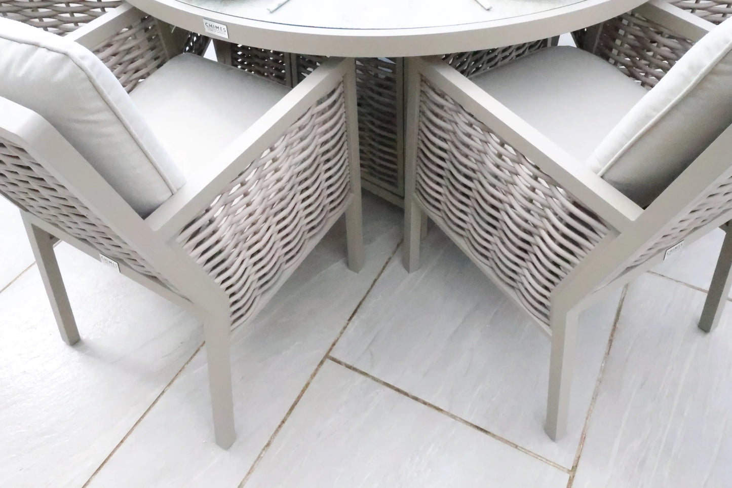 Chimes - Monaco Aluminium 8 Seat Round Dining Set - 1.8 Meter Round Table With Firepit - Rope Weave - Cream
