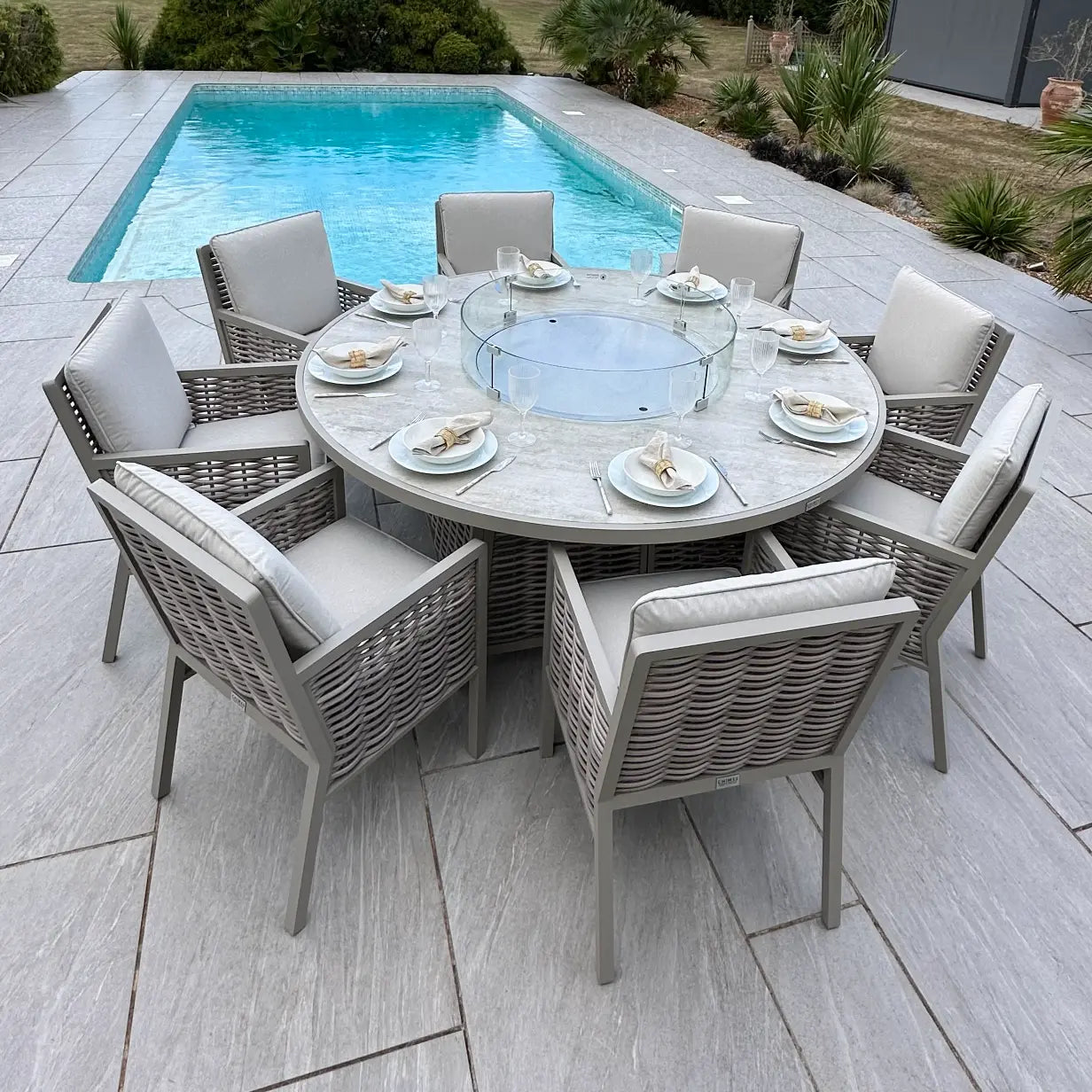 Chimes - Monaco Aluminium 8 Seat Round Dining Set - 1.8 Meter Round Table With Firepit - Rope Weave - Cream
