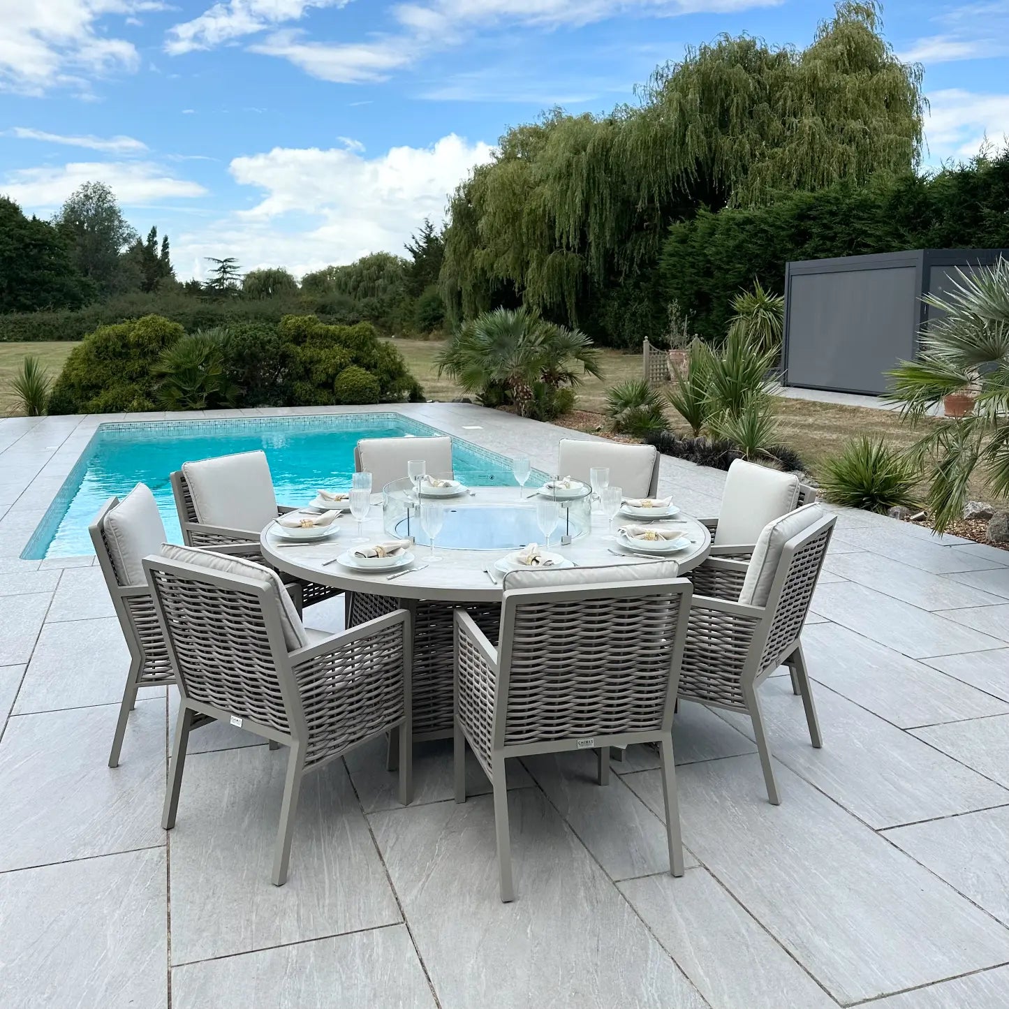 Chimes - Monaco Aluminium 8 Seat Round Dining Set - 1.8 Meter Round Table With Firepit - Rope Weave - Cream