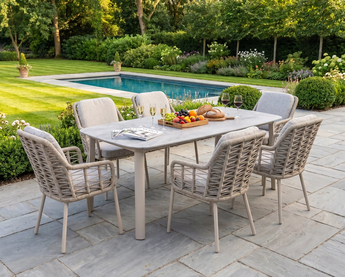 Chimes - Portofino Aluminium & Rope 6 Seat Rectangular Dining Set - Cream