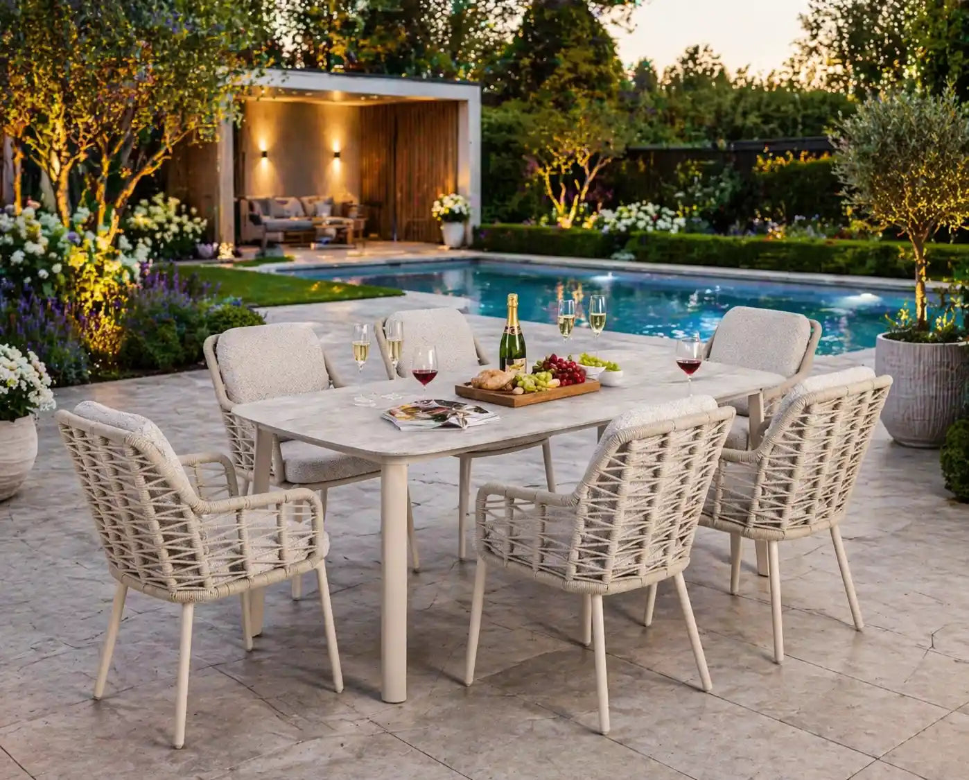 Chimes - Portofino Aluminium & Rope 6 Seat Rectangular Dining Set - Cream