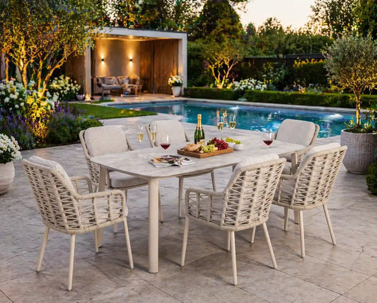 Chimes - Portofino Aluminium & Rope 6 Seat Rectangular Dining Set - Cream