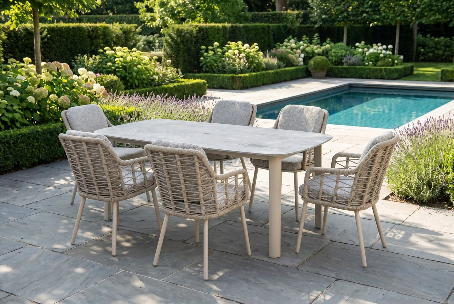 Chimes - Portofino Aluminium & Rope 6 Seat Rectangular Dining Set - Cream