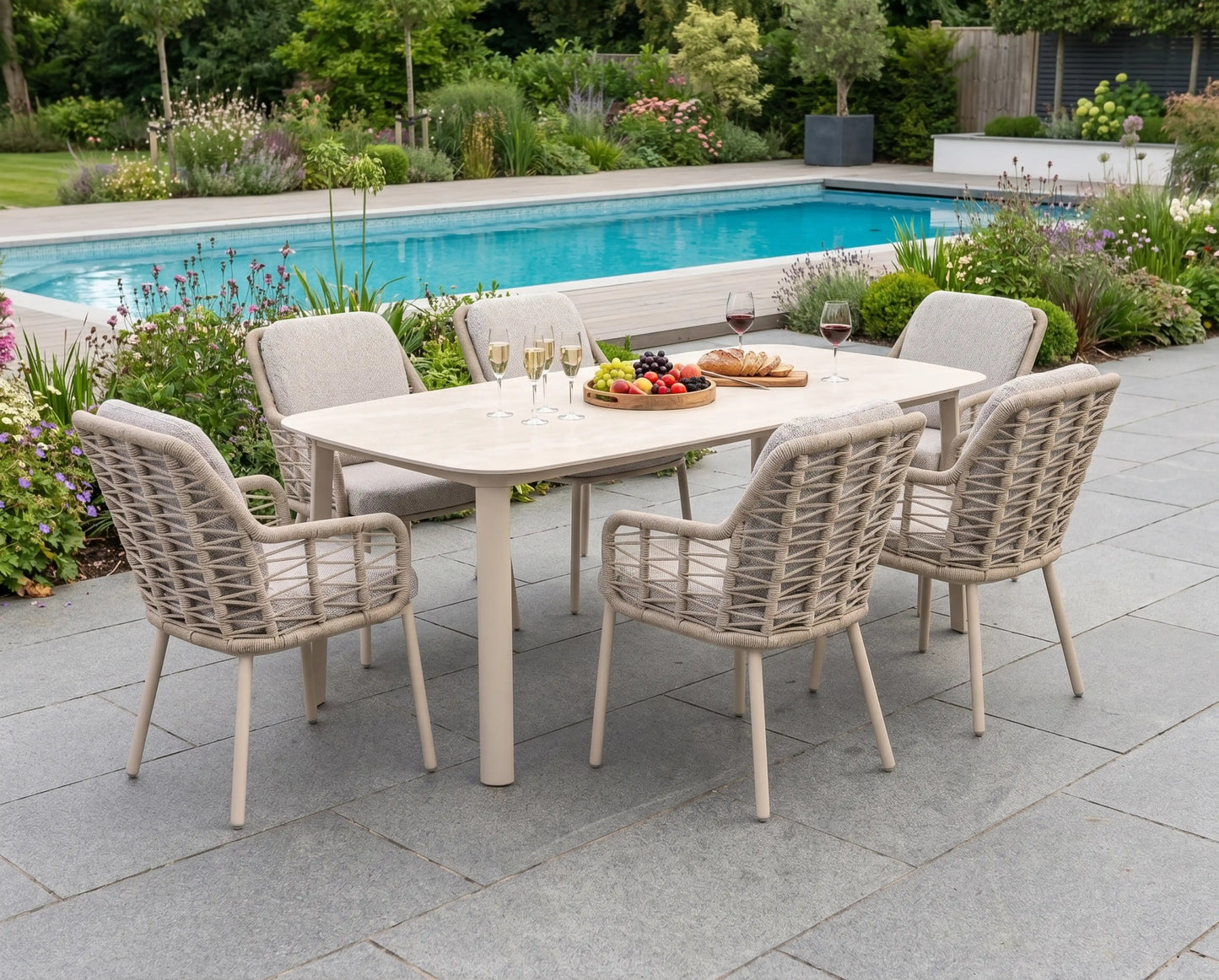 Chimes - Portofino Aluminium & Rope 6 Seat Rectangular Dining Set - Cream